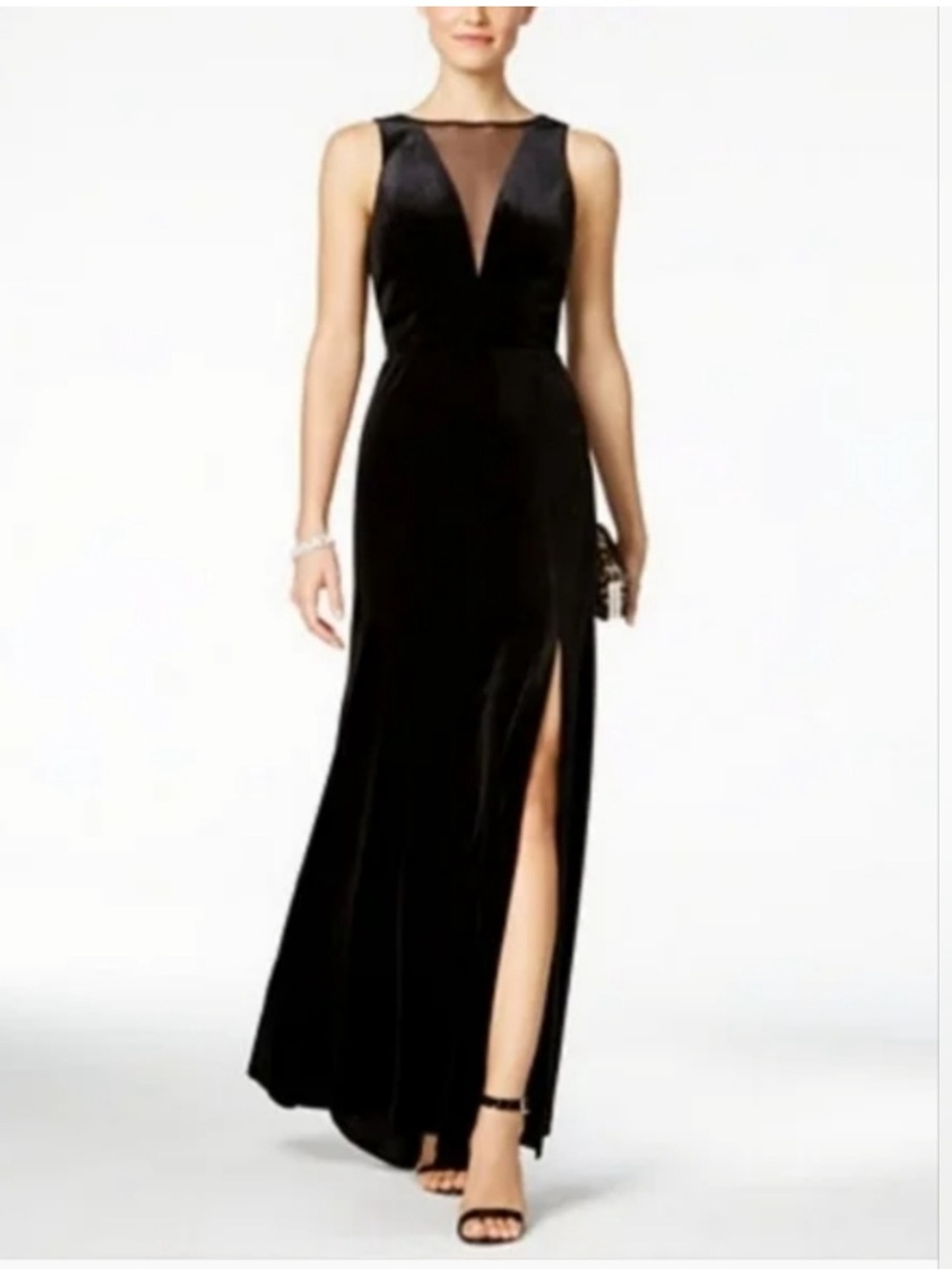 Night Way Collections Black Velvet Illusion Plunging Maxi Gown Size 8